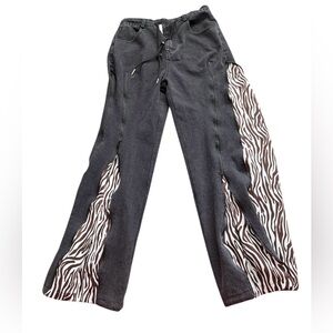 Black Flare Jeans with Zebra Print Inset and Adjustable Zippers